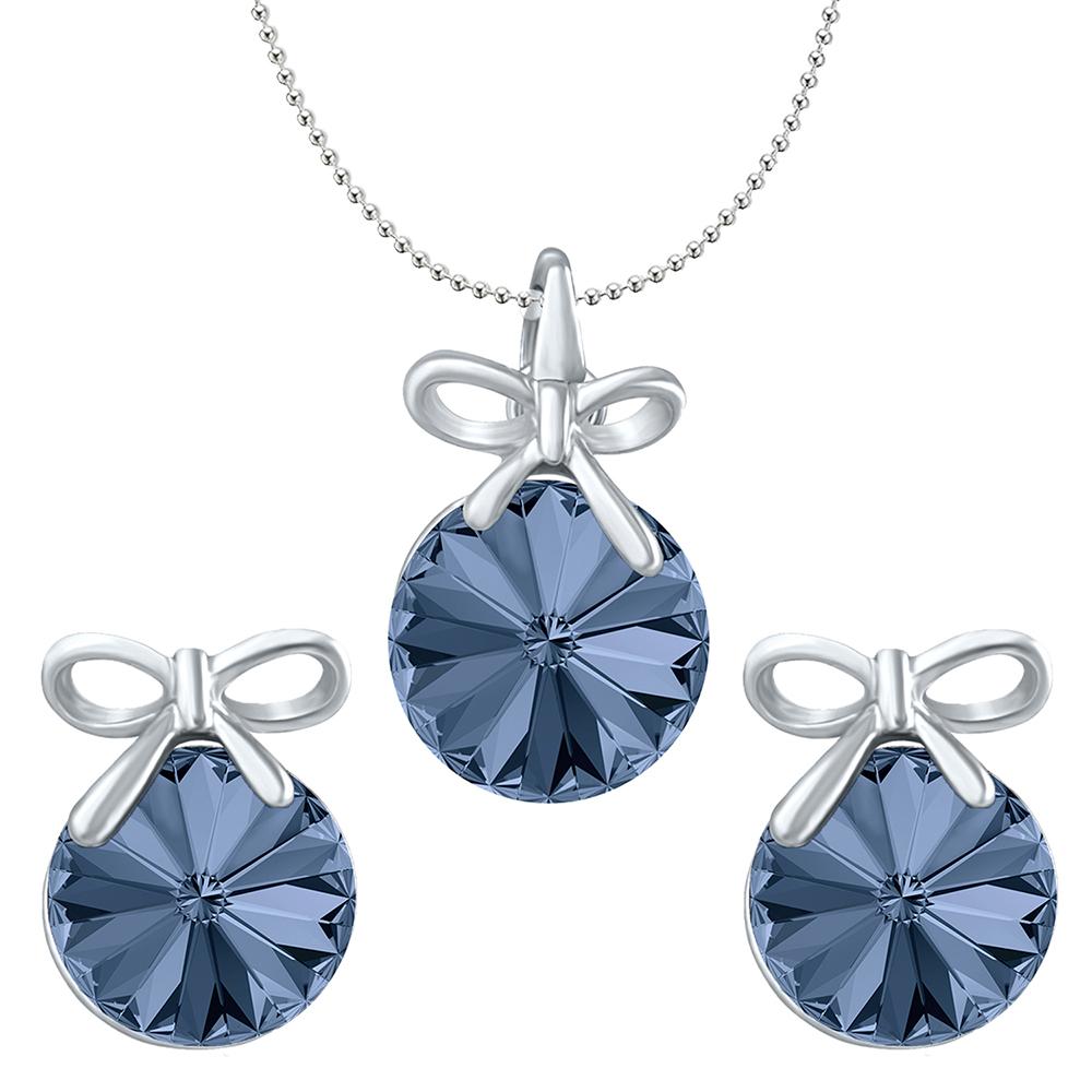 Mahi Valentine Gift with Montana Blue Swarovski Crystals Rhodium Plated Bow Pendant Set for Women