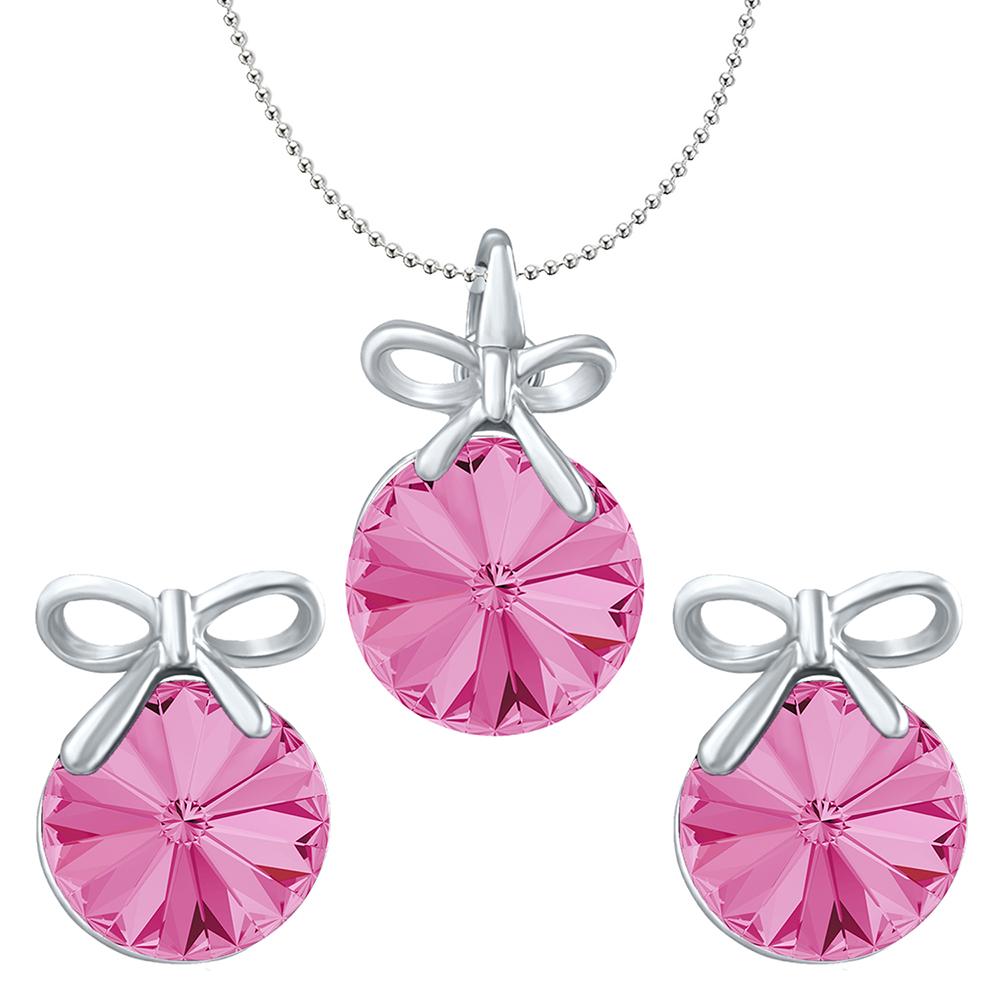 Mahi Valentine Gift with Rose Pink Swarovski Crystals Rhodium Plated Bow Pendant Set for Women
