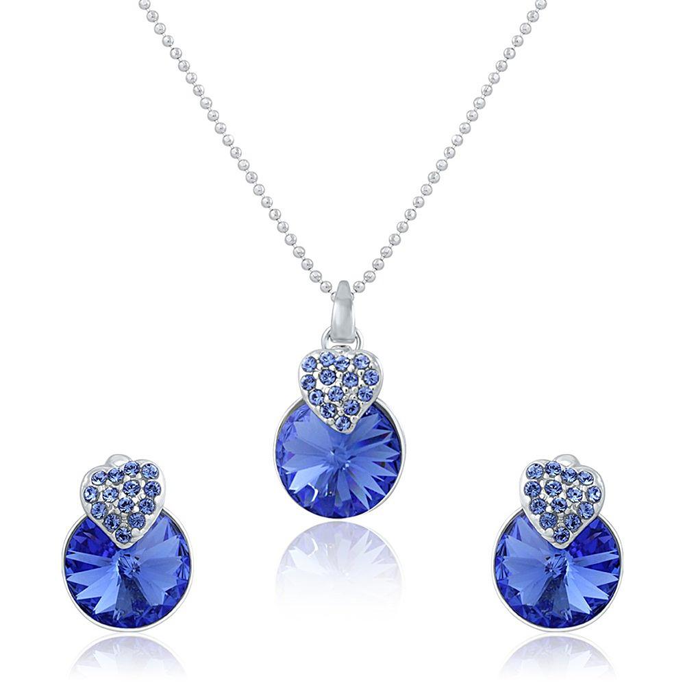 Mahi Rhodium Plated Blue Swarovski Crystal Pendant Set for Women