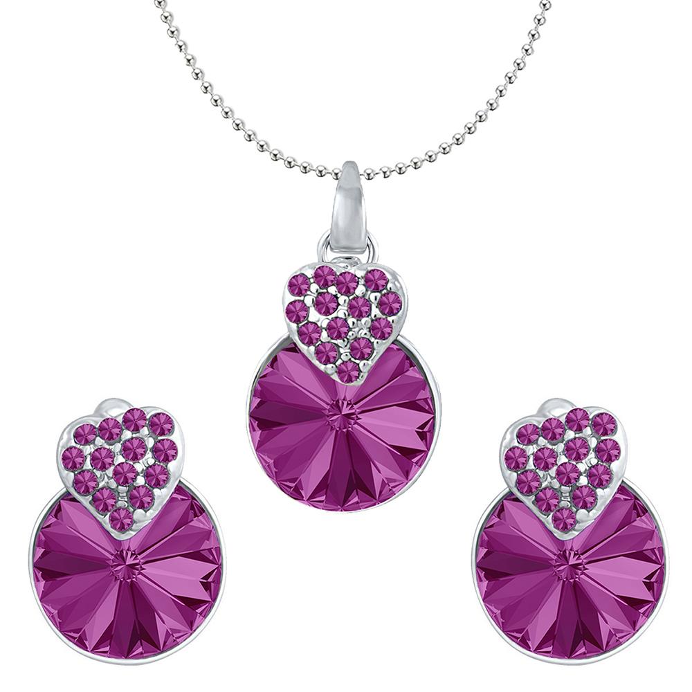 Mahi Valentine Gift with Fushia Purple Swarovski Crystals Rhodium Plated Heart Pendant Set for Women