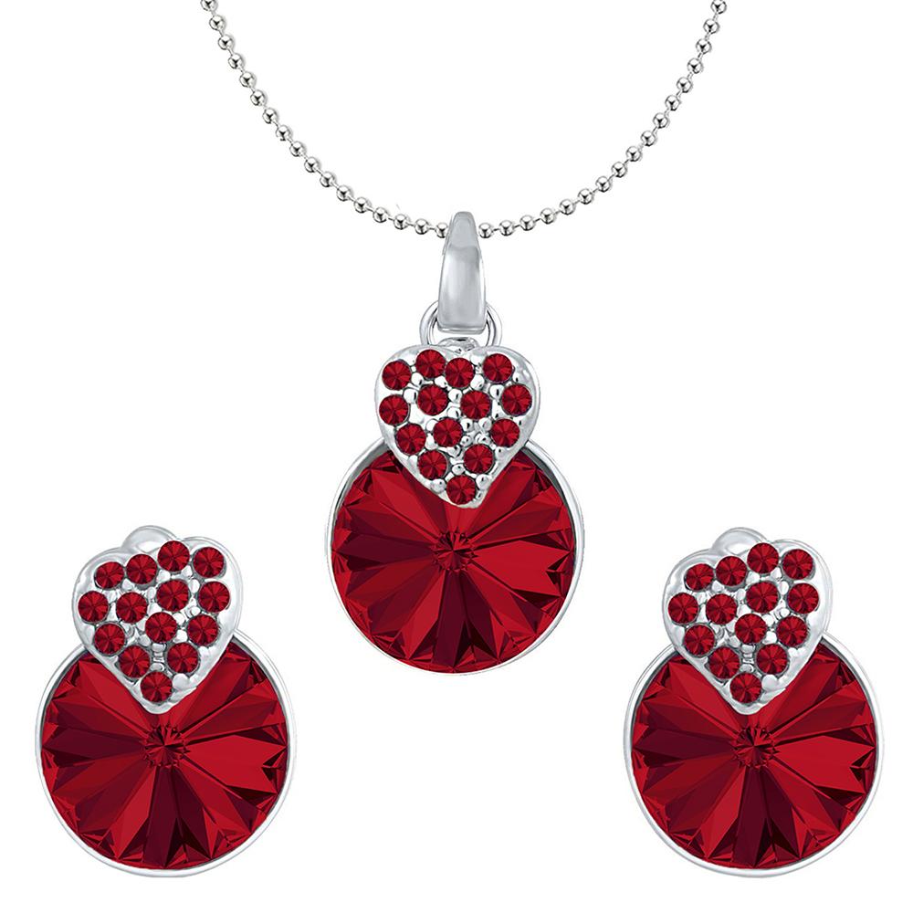 Mahi Valentine Gift with Light Red Swarovski Crystals Rhodium Plated Heart Pendant Set for Women