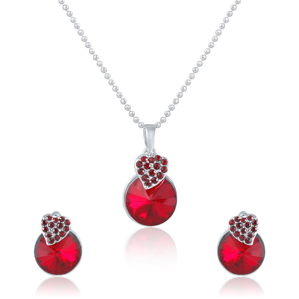 Mahi Rhodium Plated Red Swarovski Crystal Pendant Set for Women