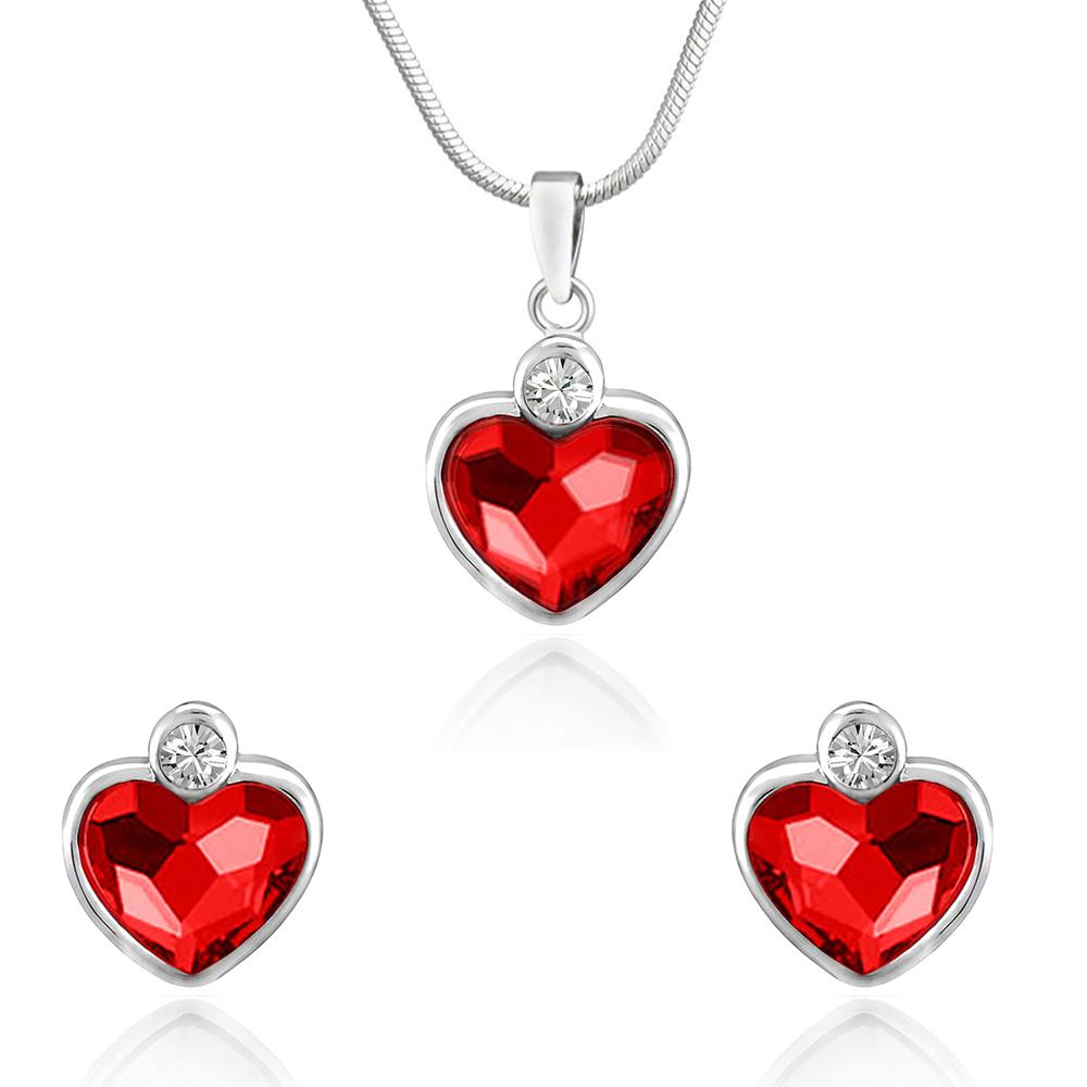 Mahi Rhodium Plated Red Heart Pendant Set Made with Swarovski Crystal for Women