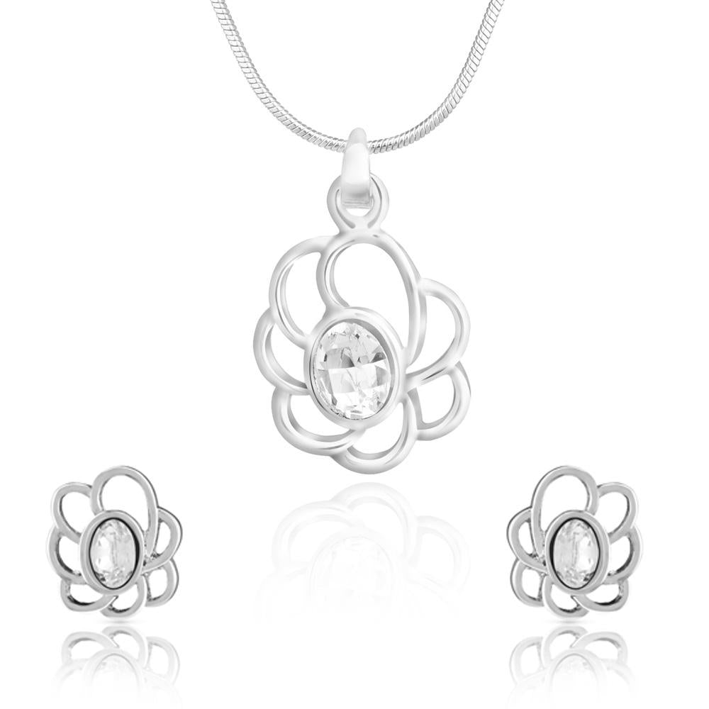 Mahi Rhodium Plated White Oval Floral Pendant Set Made with Swarovski Crystal for Women