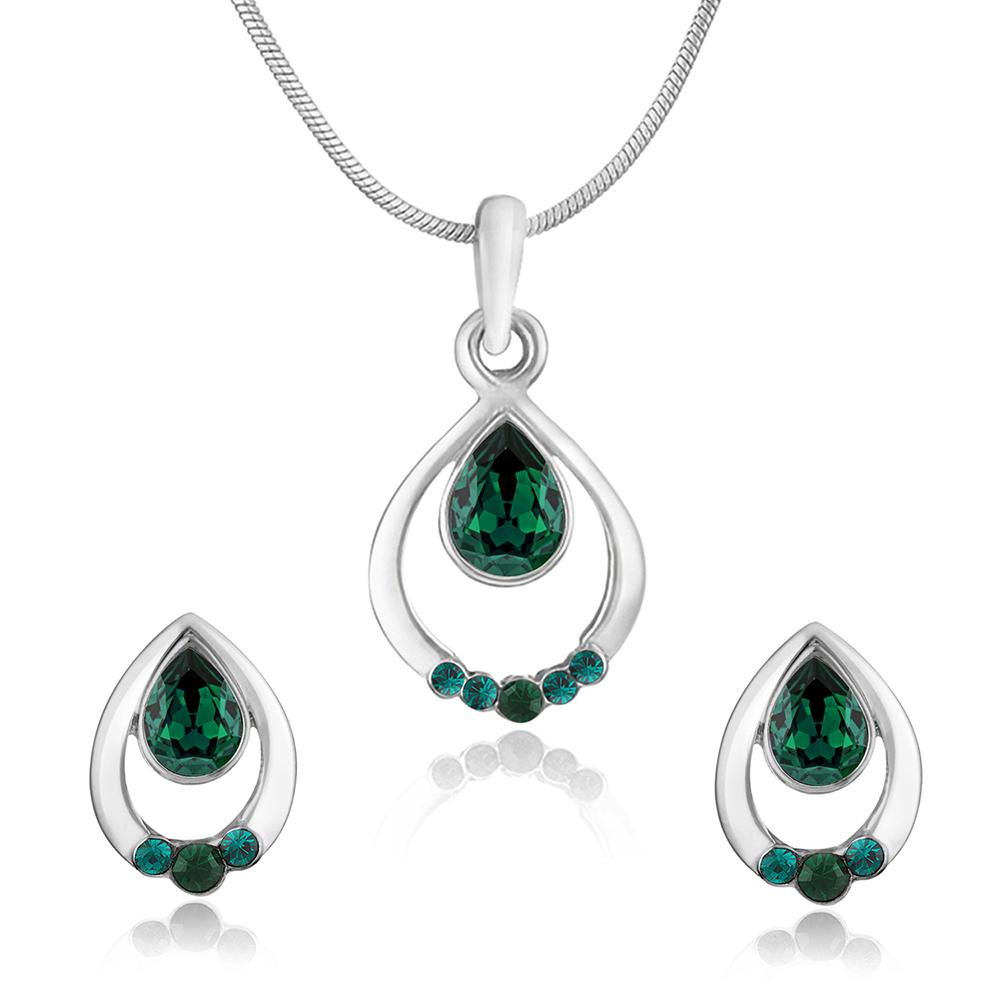 Mahi Rhodium plated Pretty Green Drop Pendant Set Made with Swarovski Crystal for Women