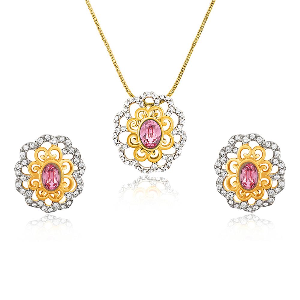 Mahi Gold plated Pink Paradise Flower Pendant Set Made with Swarovski Crystal for Women
