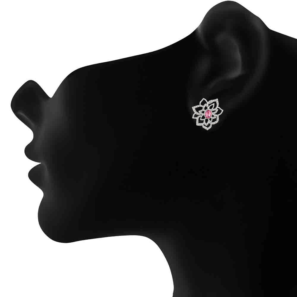 Mahi Rhodium plated Pink Rose Flower Pendant Set Made with Swarovski Crystal for Women
