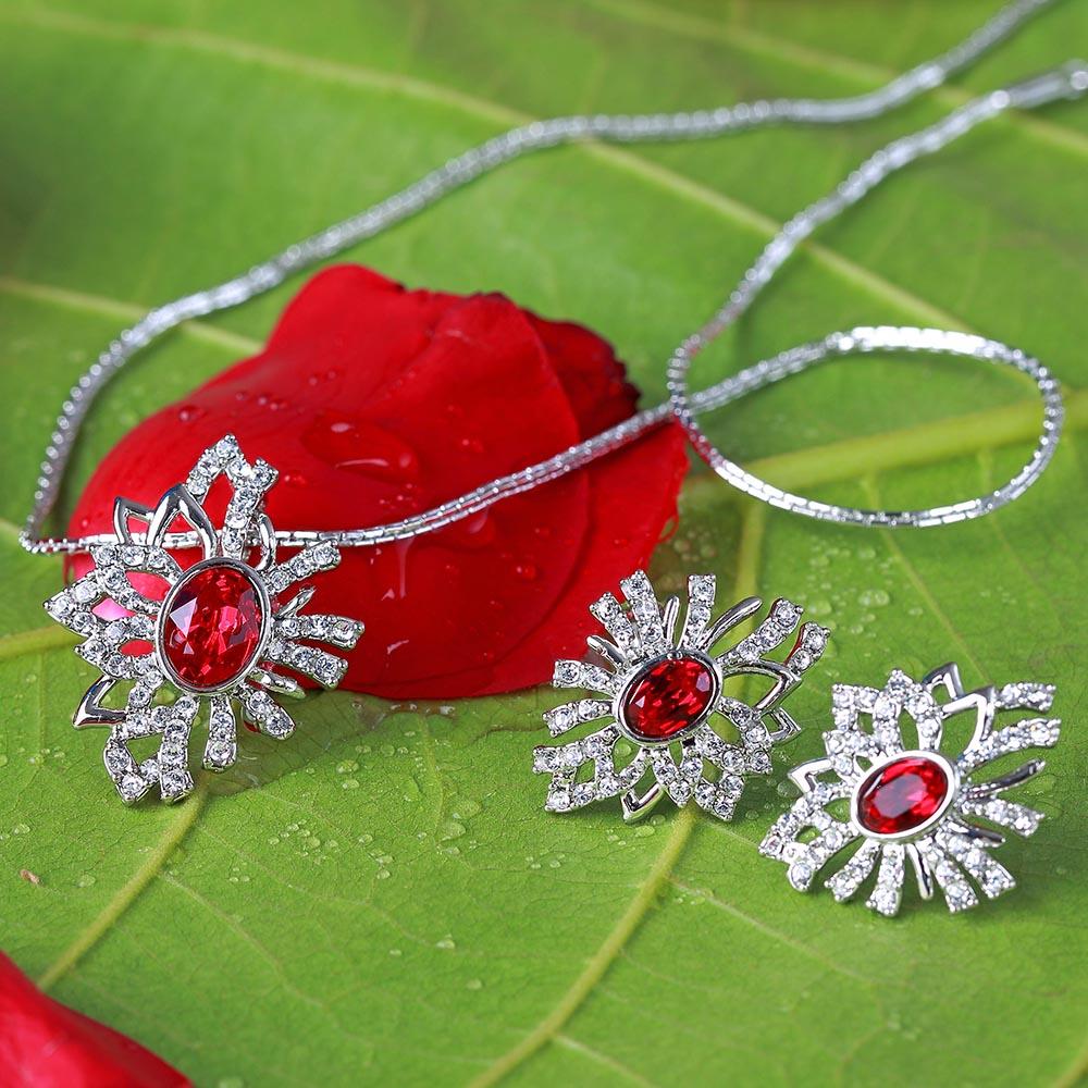 Mahi Rhodium plated Red Aster Flower Pendant Set Made with Swarovski Crystal for Women