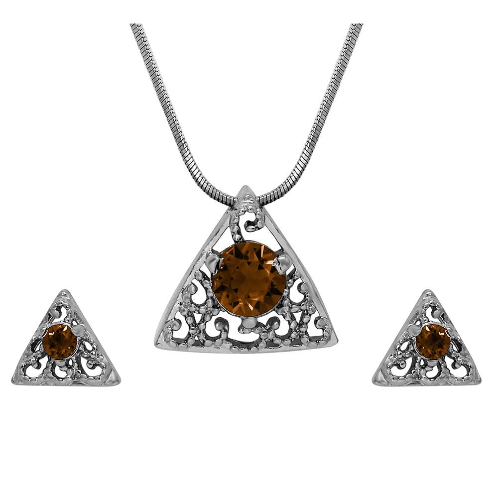 Mahi with Swarovski Crystal Brown Triangle Beauty Rhodium Plated Pendant Set for Women