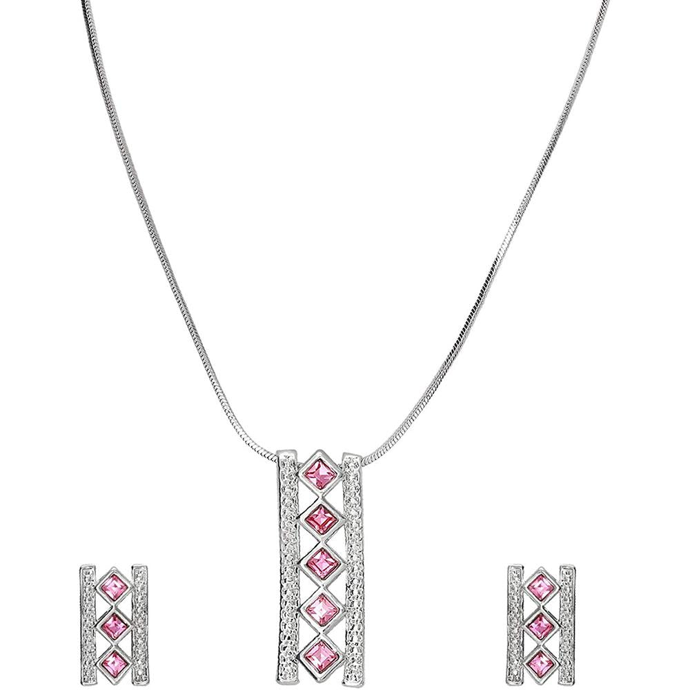 Mahi Swarovski Crystals Pink Square Pendant Set