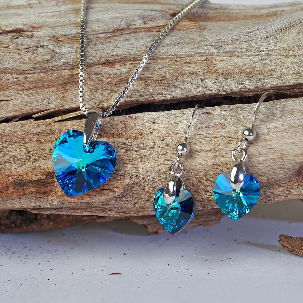 Mahi Rhodium plated Tiny Blue Heart Swarovski Crystal Love for My Valentine Pendant set
