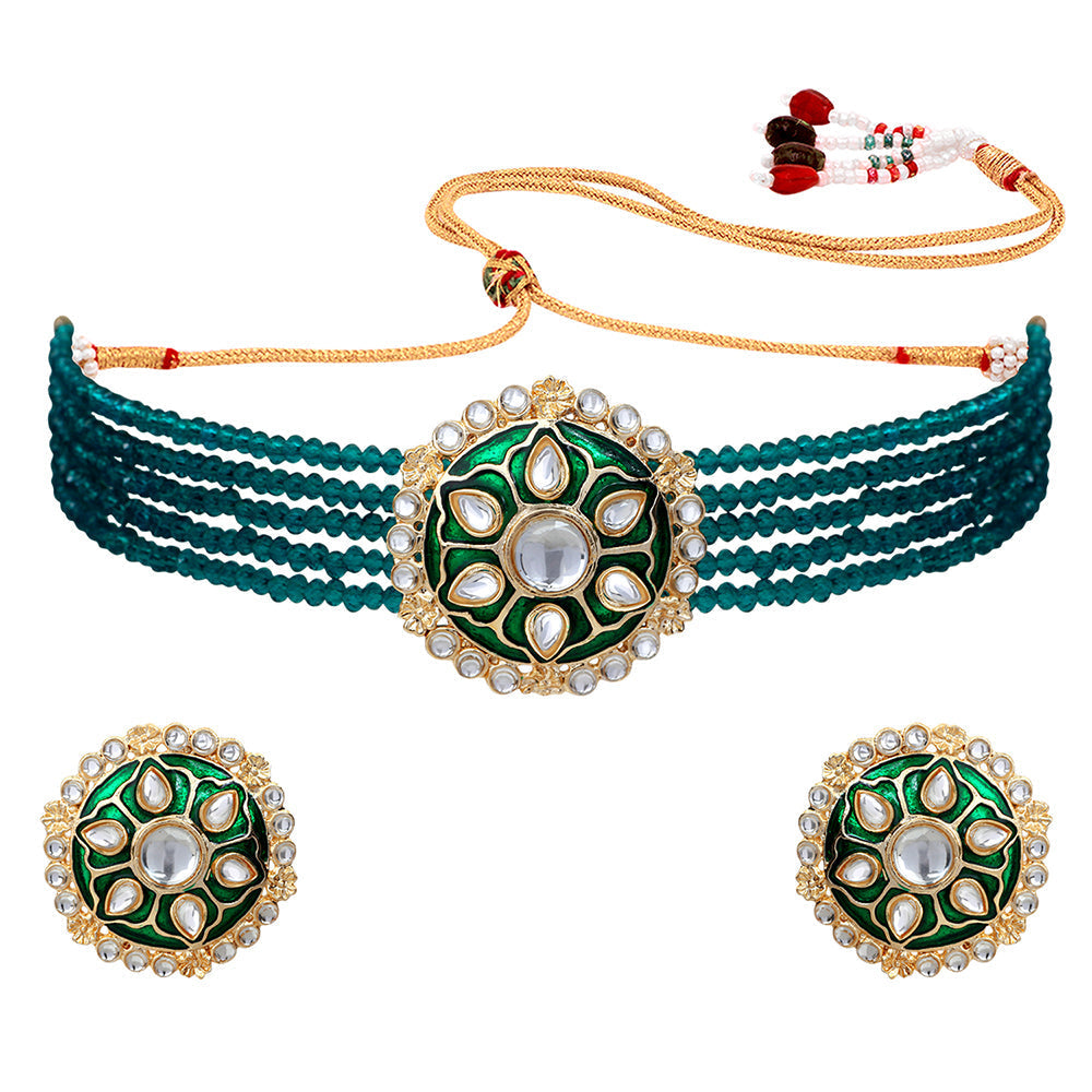 Mahi Incredible Gold Plated Green Mee Work and Beads Choker Necklace Set for Women (NL1108102GGre)