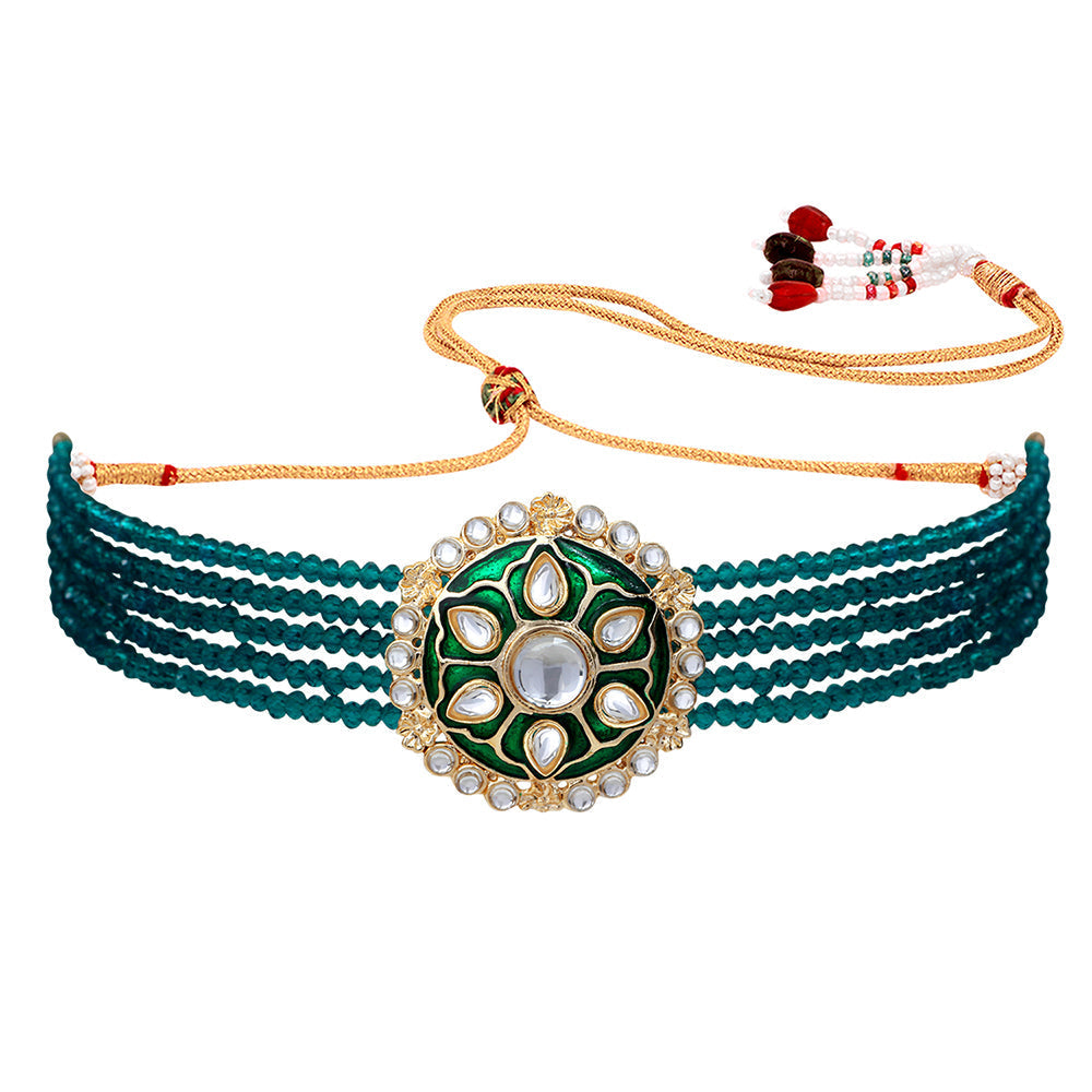 Mahi Incredible Gold Plated Green Mee Work and Beads Choker Necklace Set for Women (NL1108102GGre)