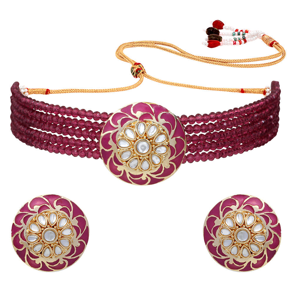 Mahi Incredible Gold Plated Maroon Mee Work and Beads Choker Necklace Set for Women (NL1108103GMar)