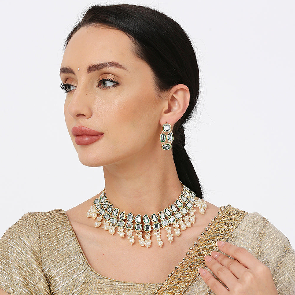 Mahi Gold Plated Traditiol Ethnic Multi Layer Choker Necklace Set for Women (NL1108104G)