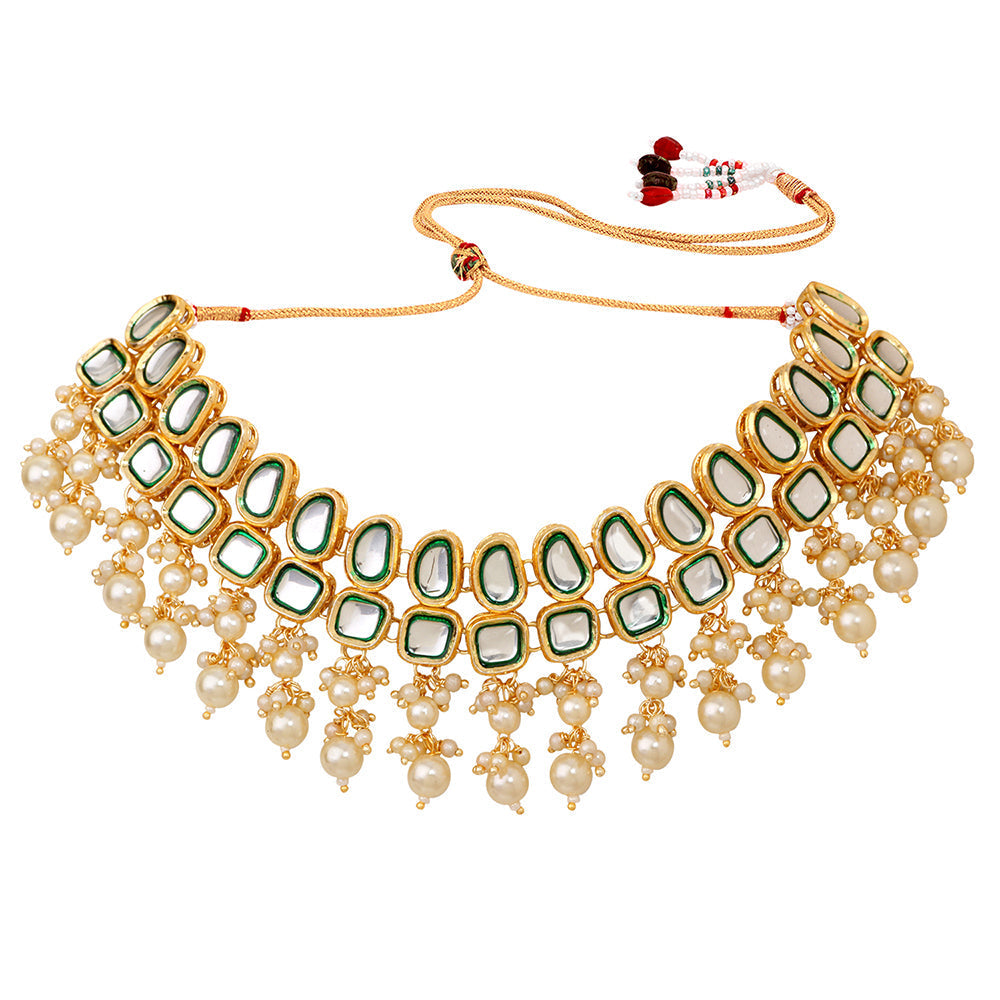 Mahi Gold Plated Traditiol Ethnic Multi Layer Choker Necklace Set for Women (NL1108104G)