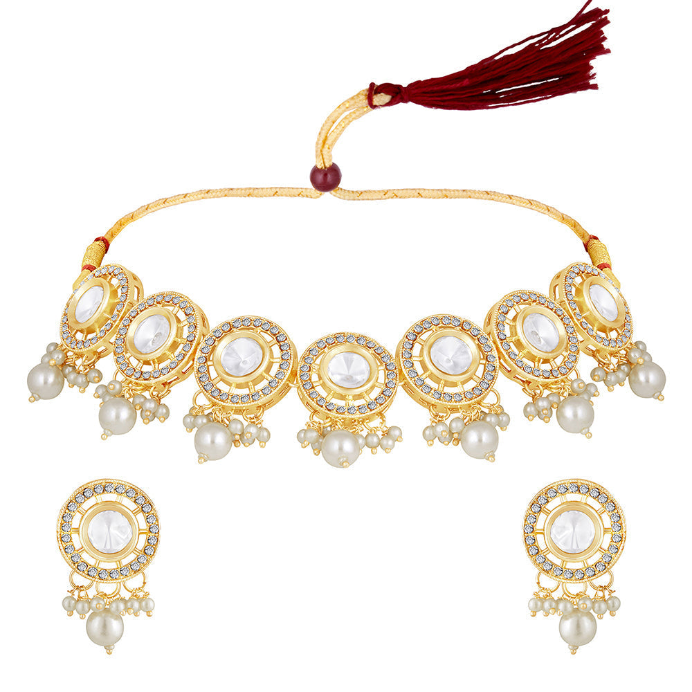 Mahi Gold Plated Traditiol Ethnic Circular Choker Necklace Set for Women (NL1108105G)
