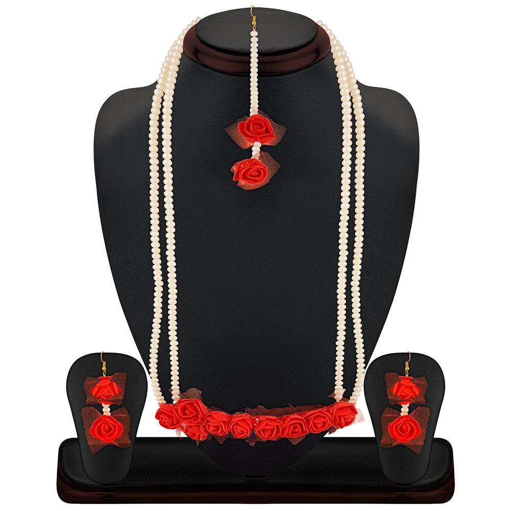 Mahi Exquisite Gotta Patti Red Floral Inspired Necklace Set With Artificial Pearl