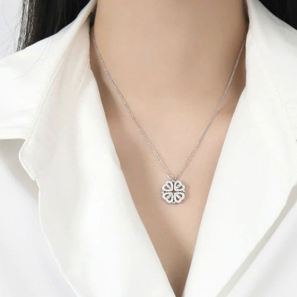 JewelMaze Hyacinth 4-pcs Zircon Heart Magnetic Clover Necklace - Silver - Necklace