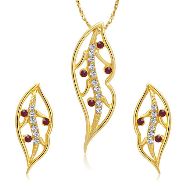 Kriaa Red Austrian Stone Leaf Gold Plated Pendant Set