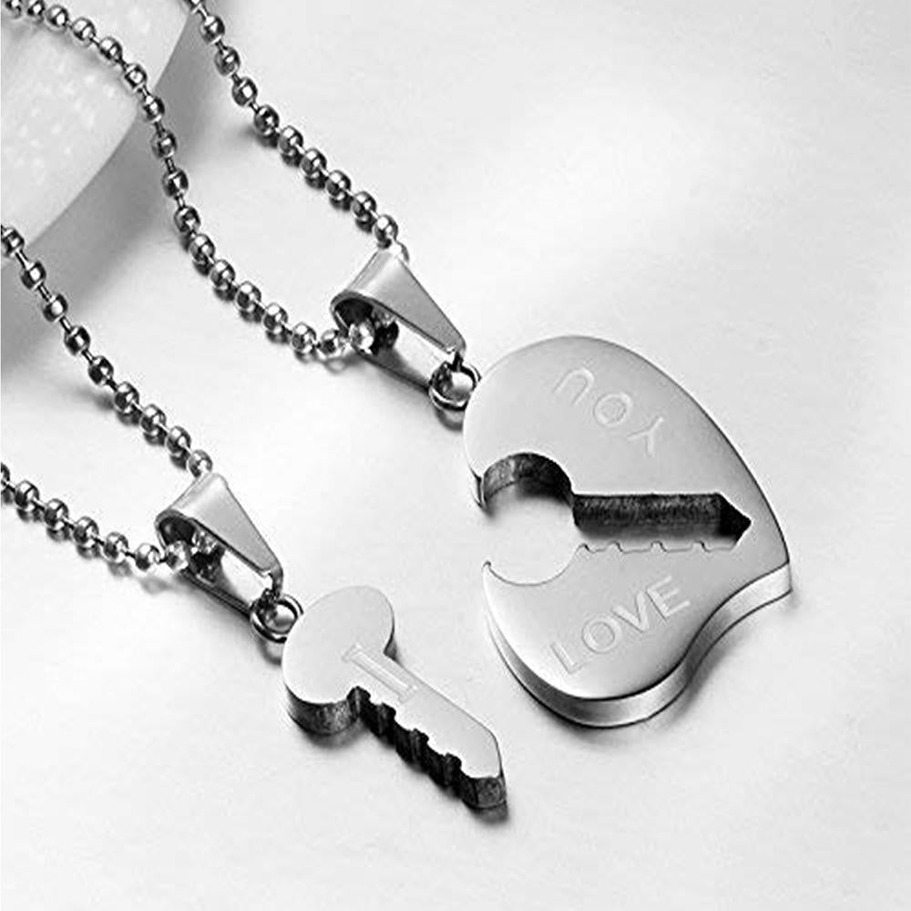 Mahi Rhodium Plated Eternal Love Heart And Key Unisex Pendant Combo