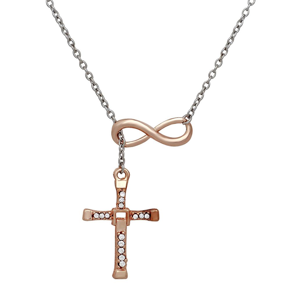 Mahi Rosegold Plated Infinity Cross Symbol Pendant Necklace with Crystals for Women and Men (PS1101731M)