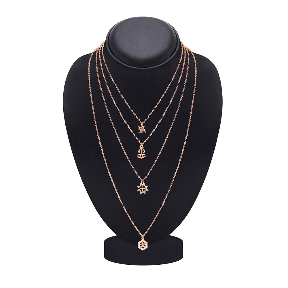 Mahi Multilayer Swastik, Hexagone, Trishul and Sun Charms Multi Strand Chain Pendants Layered Necklace for Women (PS1101773Z)