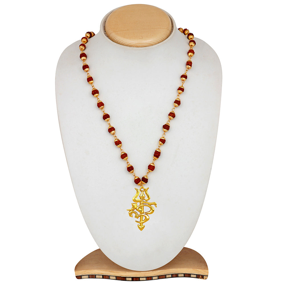 Mahi Gold Plated Religious OM and Trishul Pendant with Rudrakshaa Mala for Men (PS1101780G)