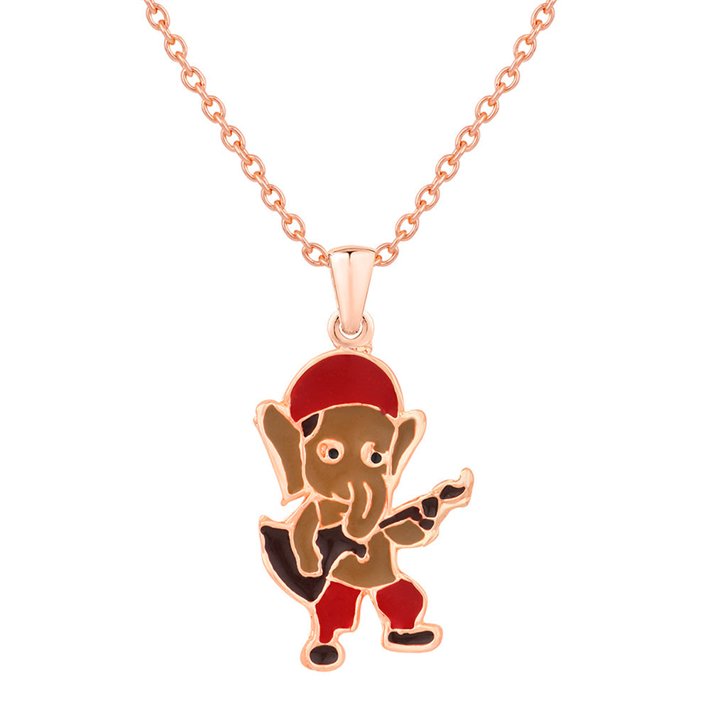 Mahi Rose Gold Plated Meena Work Bal Ganesha with Guitar Pendant for Kids (PS1101825Z)