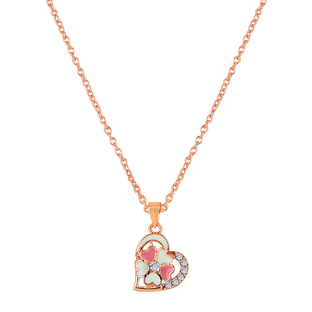 Mahi Pink and Green Meenakari Work and Crystals Floral Heart Necklace Pendant