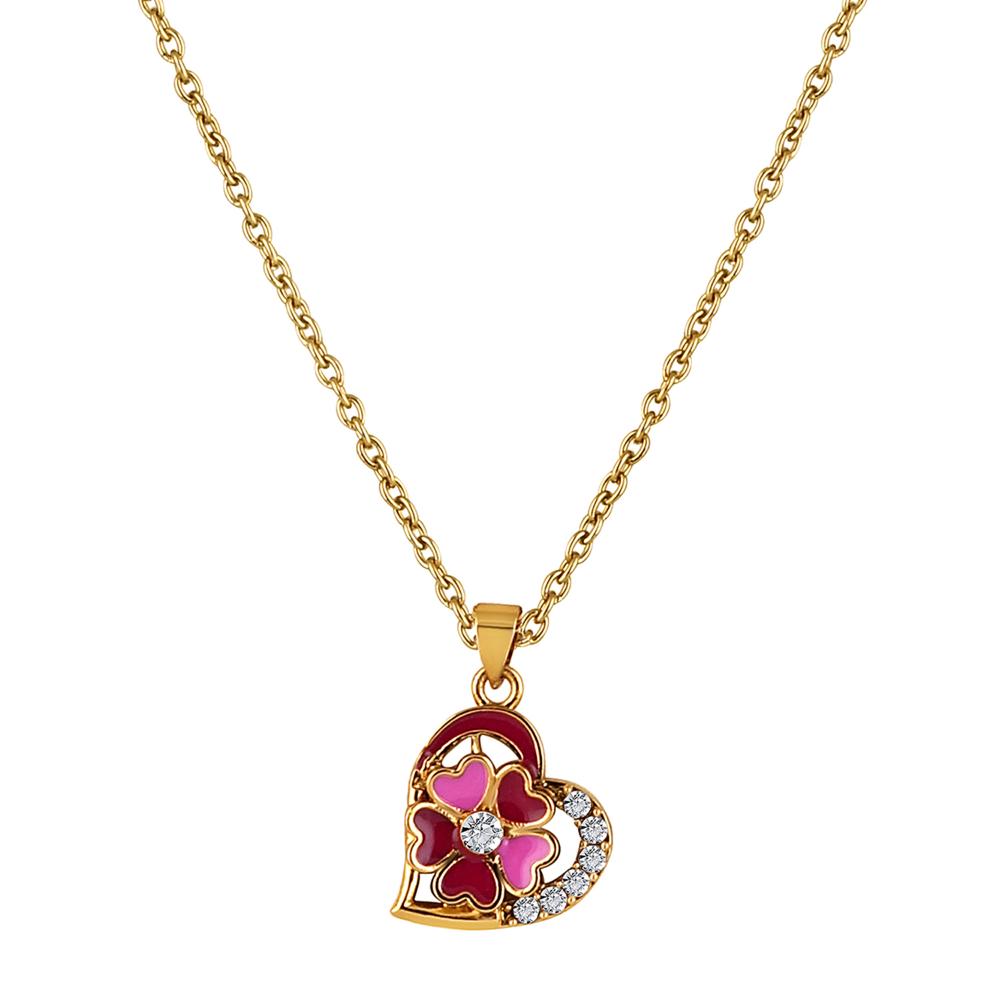 Mahi Pink and Maroon Meenakari Work and Crystals Floral Heart Necklace Pendant