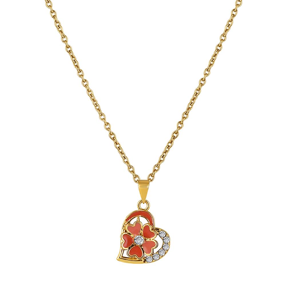 Mahi Orange Meenakari Work and Crystals Floral Heart Necklace Pendant