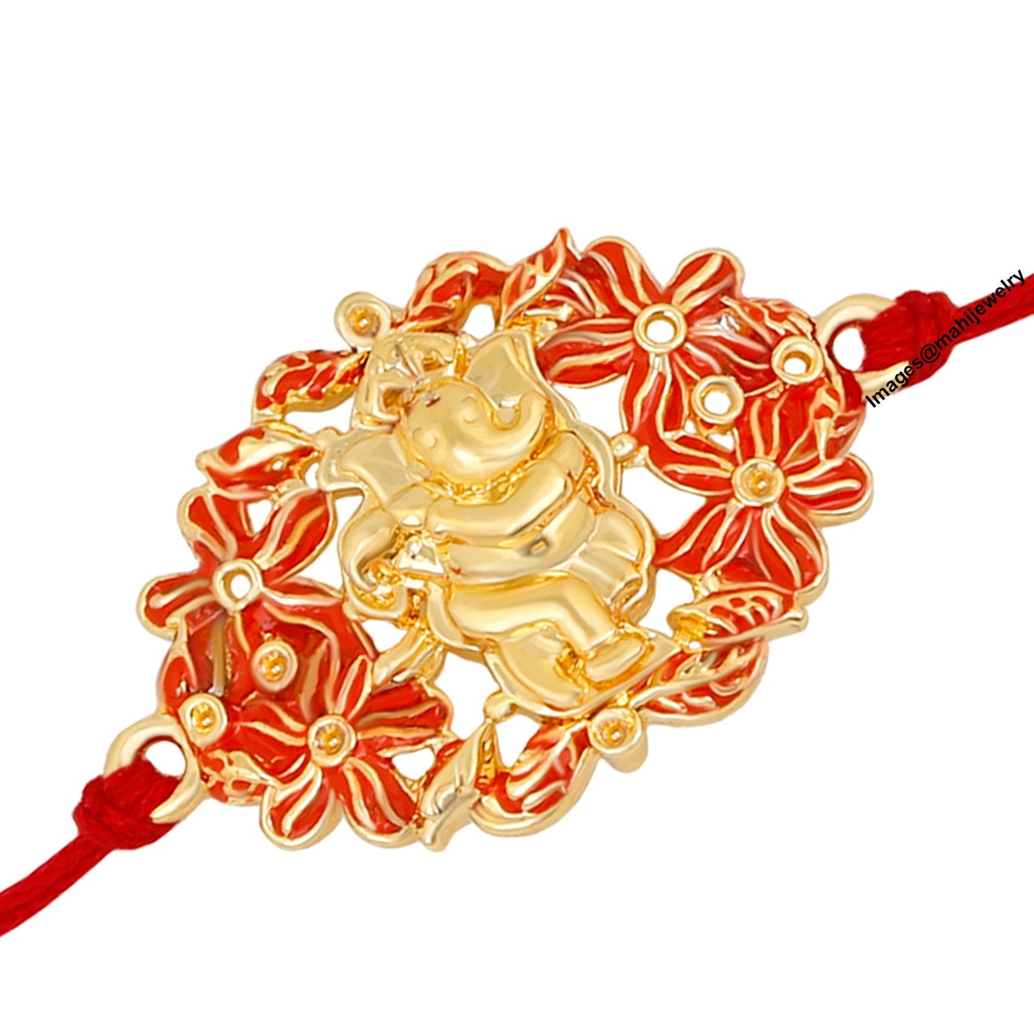 Mahi Gold Plated Floral Red Meena work Lord Ganesha Rakhi Bracelet for beloved brother/Bhaiya RA1100608G