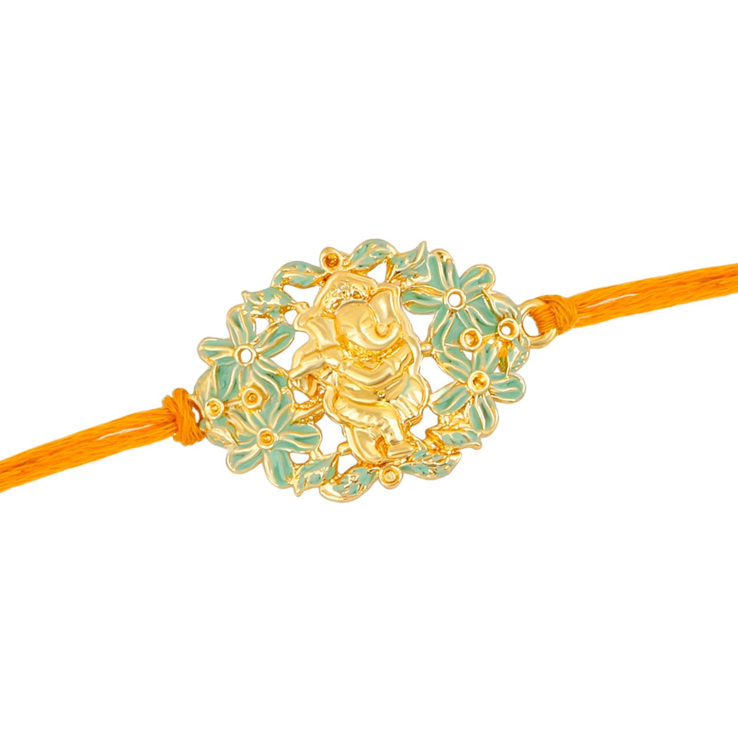 Mahi Gold Plated Floral Green Meena work Lord Ganesha Rakhi Bracelet for beloved brother/Bhaiya RA1100611G
