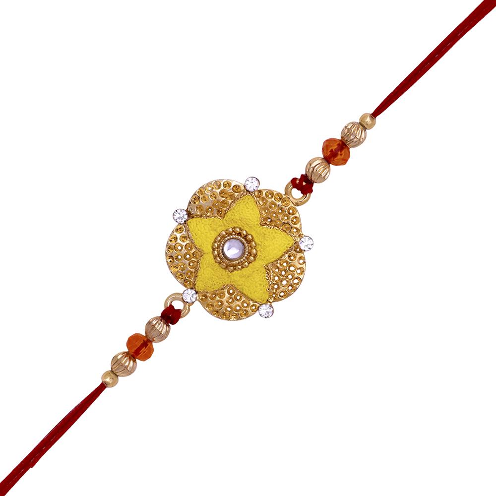 Mahi Bright Yellow Meenakari Work Floral Rakhi with White Crystals for Bhaiya (RA1100638G)