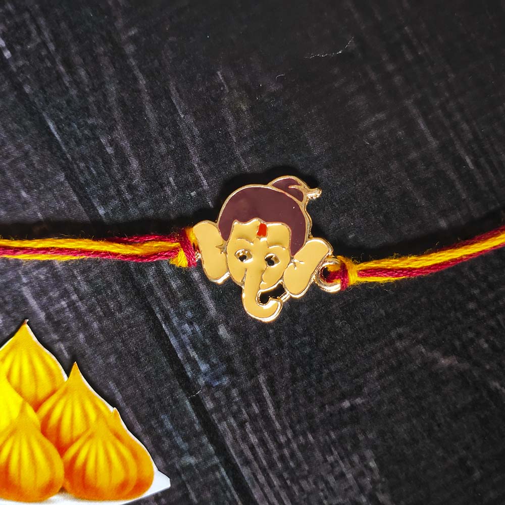 Mahi Rose Gold Plated Meena Work Childern's Favourite Bal Ganesha Rakhi for Kids (RA1100669Z)