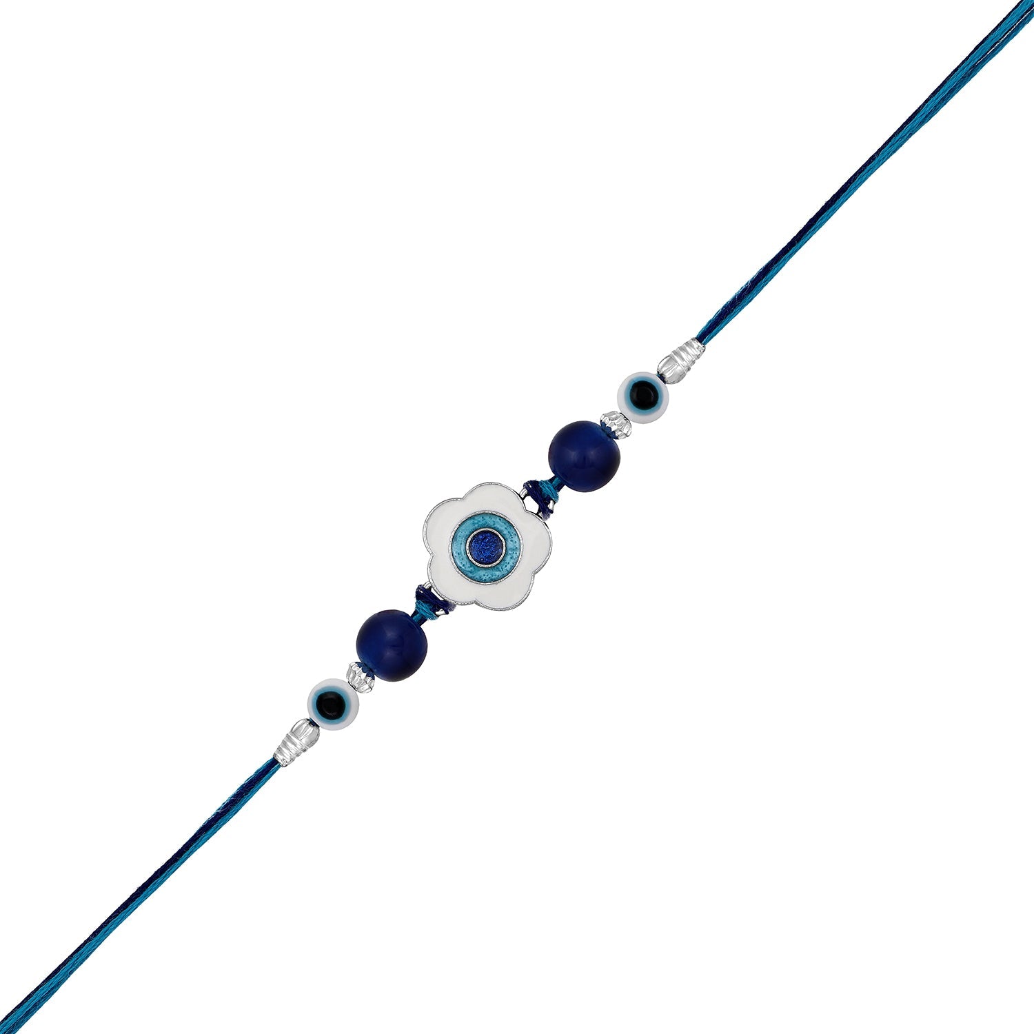 Mahi Rhodium Plated Blue and White Meenakari Work Floral Evil Eye Rakhi for Brother (RA1100730R)