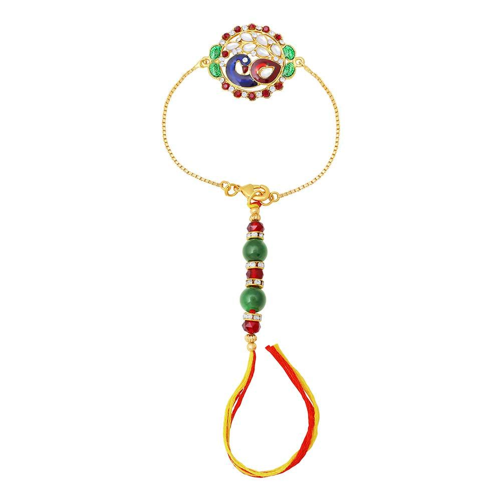 Mahi Peacock Shaped Meenakari Work Lumba Rakhi for Bhabhi with Beads and Crystals (RAL1100680G)