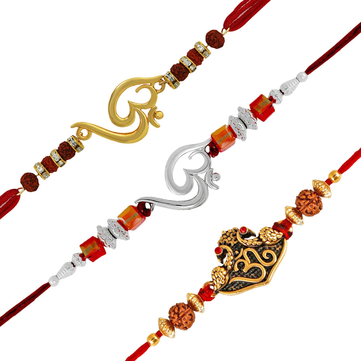 Mahi Combo of Three Om Rakhis with Crystals and Rudrakshaa for Adorable Brothers RCO1105120M