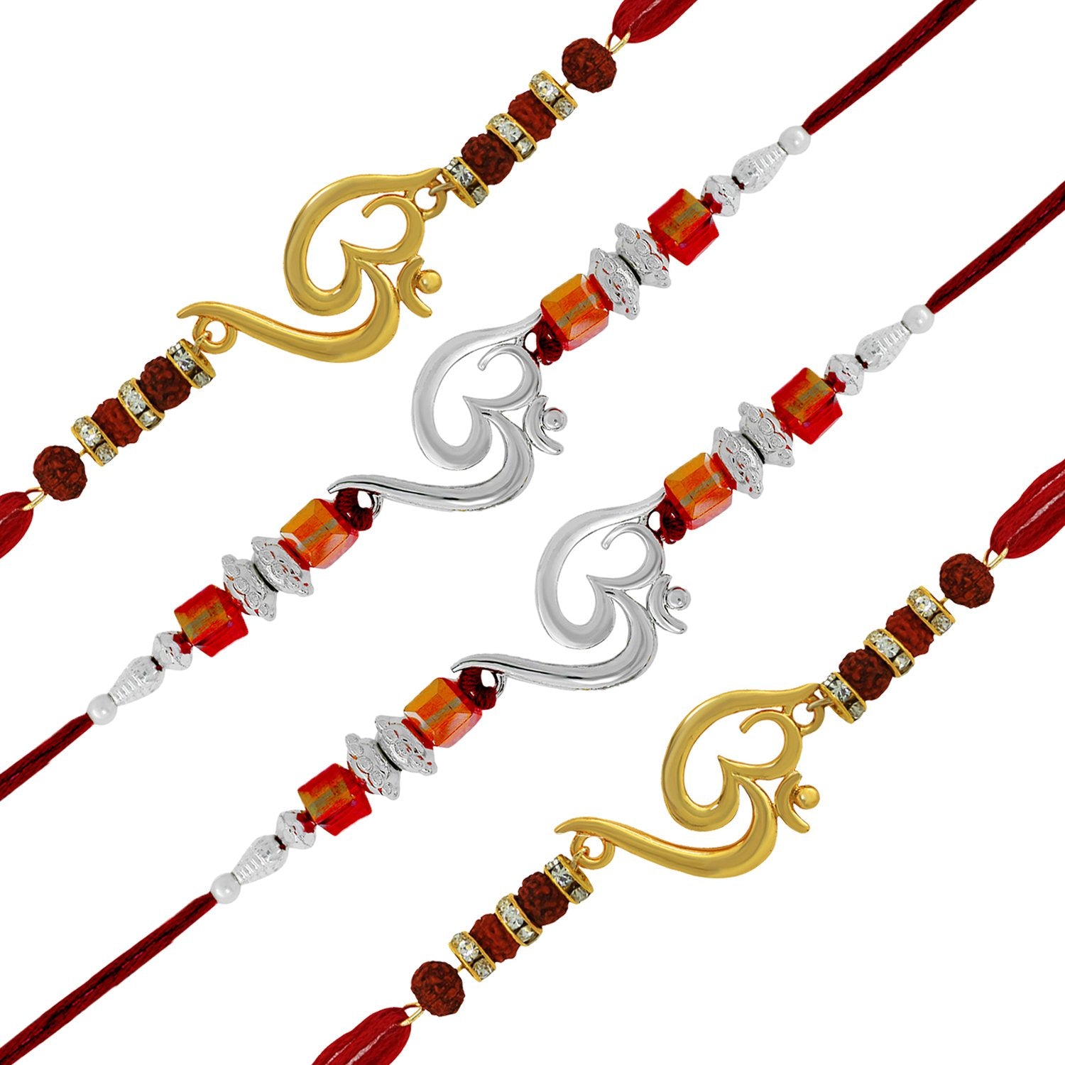 Mahi Combo of Four Om Rakhis with Crystals and Rudrakshaa for Adorable Brothers RCO1105123M