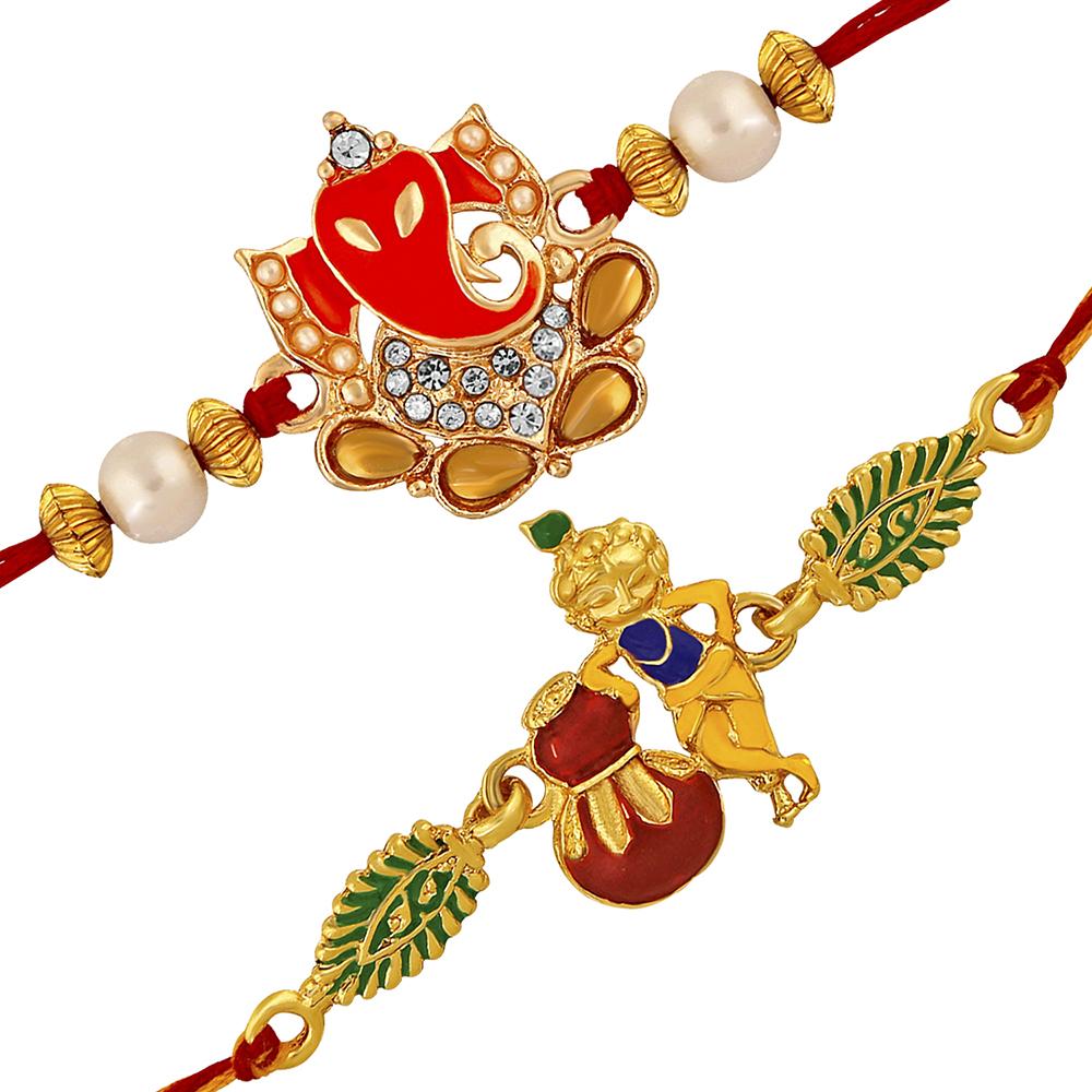 Mahi Combo of Ganesha and Krishana Rakhi's with White Crystal and Artificial Pearl for Brother (RCO1105218M)