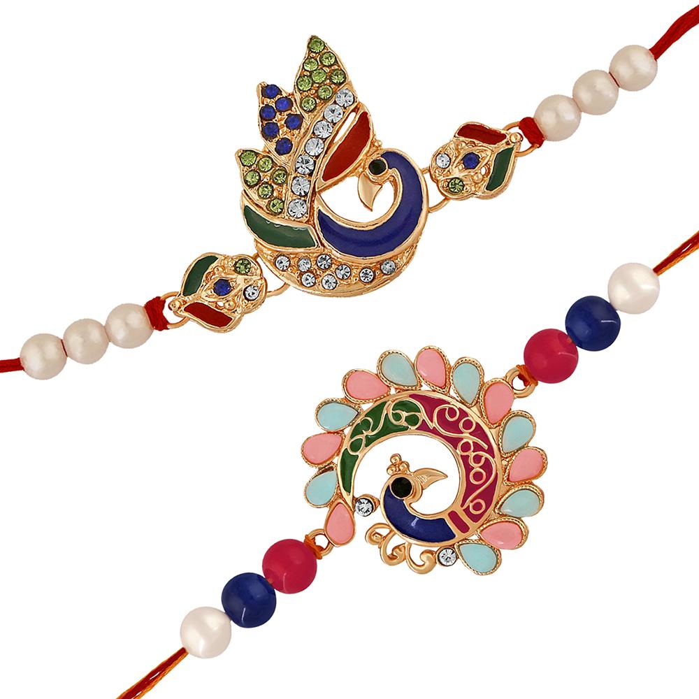 Mahi Combo of Peacock Rakhi's with Multicolor Crystal and Artificial Pearl for Brother (RCO1105220Z)