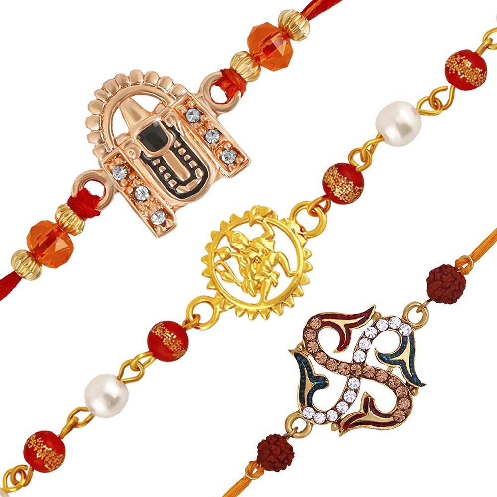 Mahi Combo of Balaji Hanuman and Swastik Rakhi's with Multicolor Crystal for Adorable Brother (RCO1105233M)