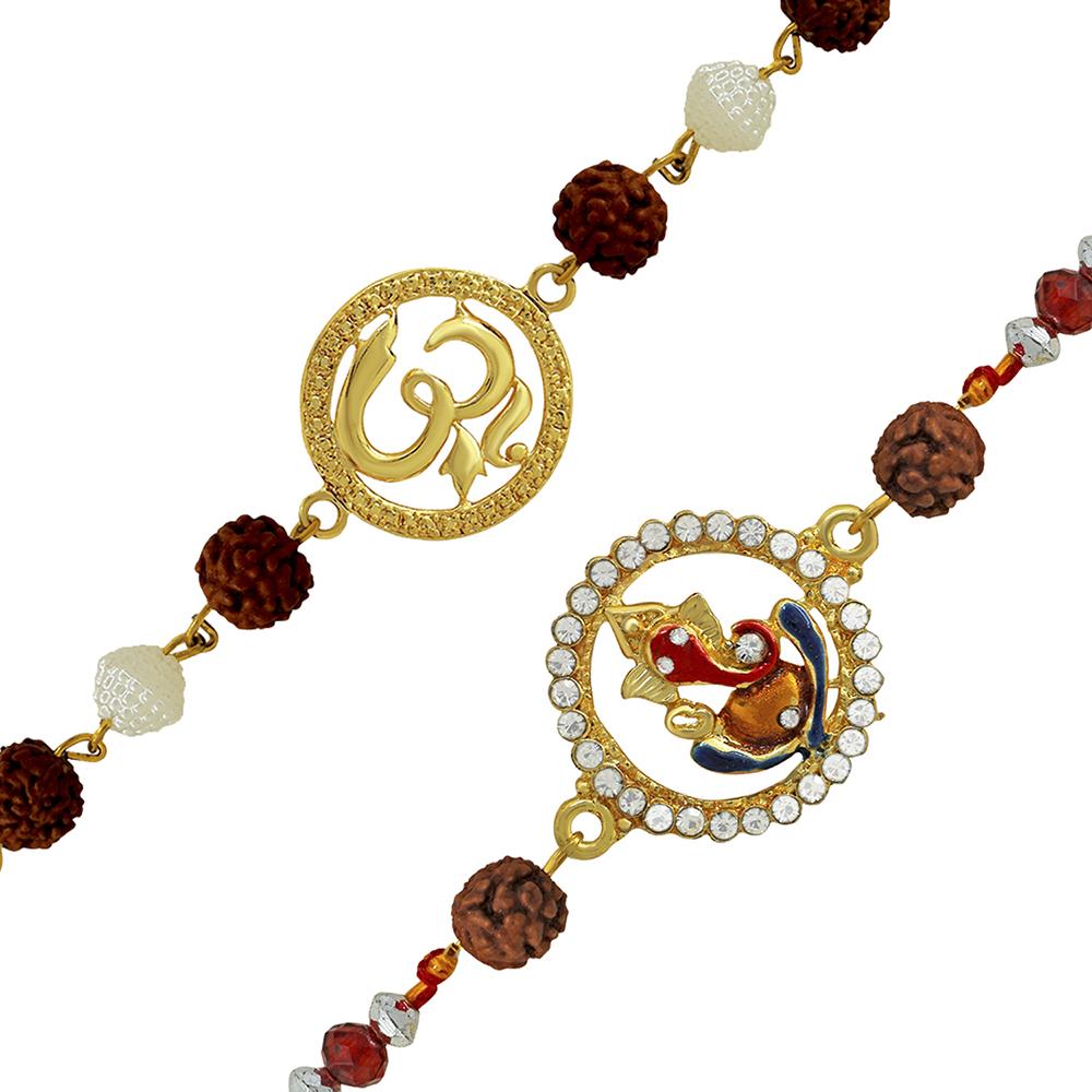 Mahi Combo of Om and Ganesha Rakhi's with Brown and White Rudraksha, Beads and Crystals for Adorable Brother (RCO1105237G)