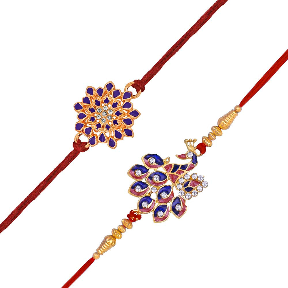 Mahi Combo of Floral and Peacock Shaped Meena Work Colorful Rakhis for Brother (RCO1105414M)