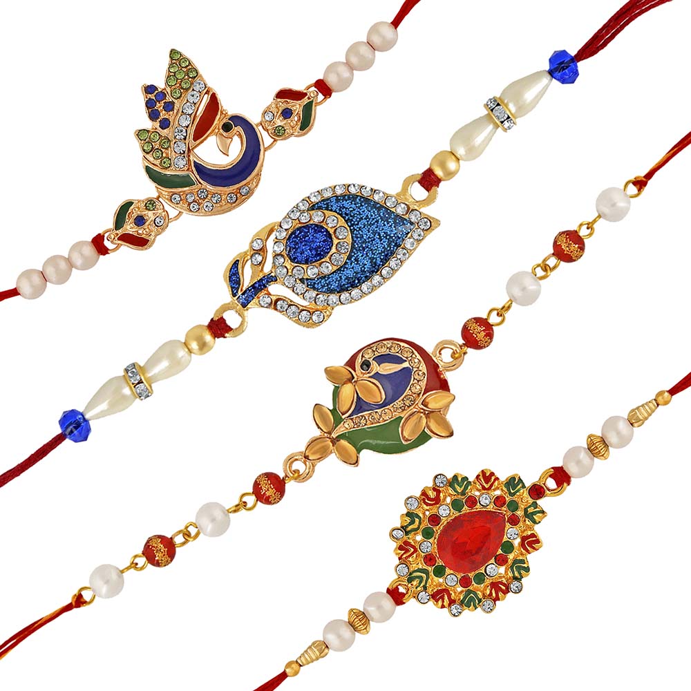 Mahi Combo of Peacok and Peacock Feather Shaped Colorful Meena Work and Crystals Rakhi's for Bhaiya (RCO1105417M)