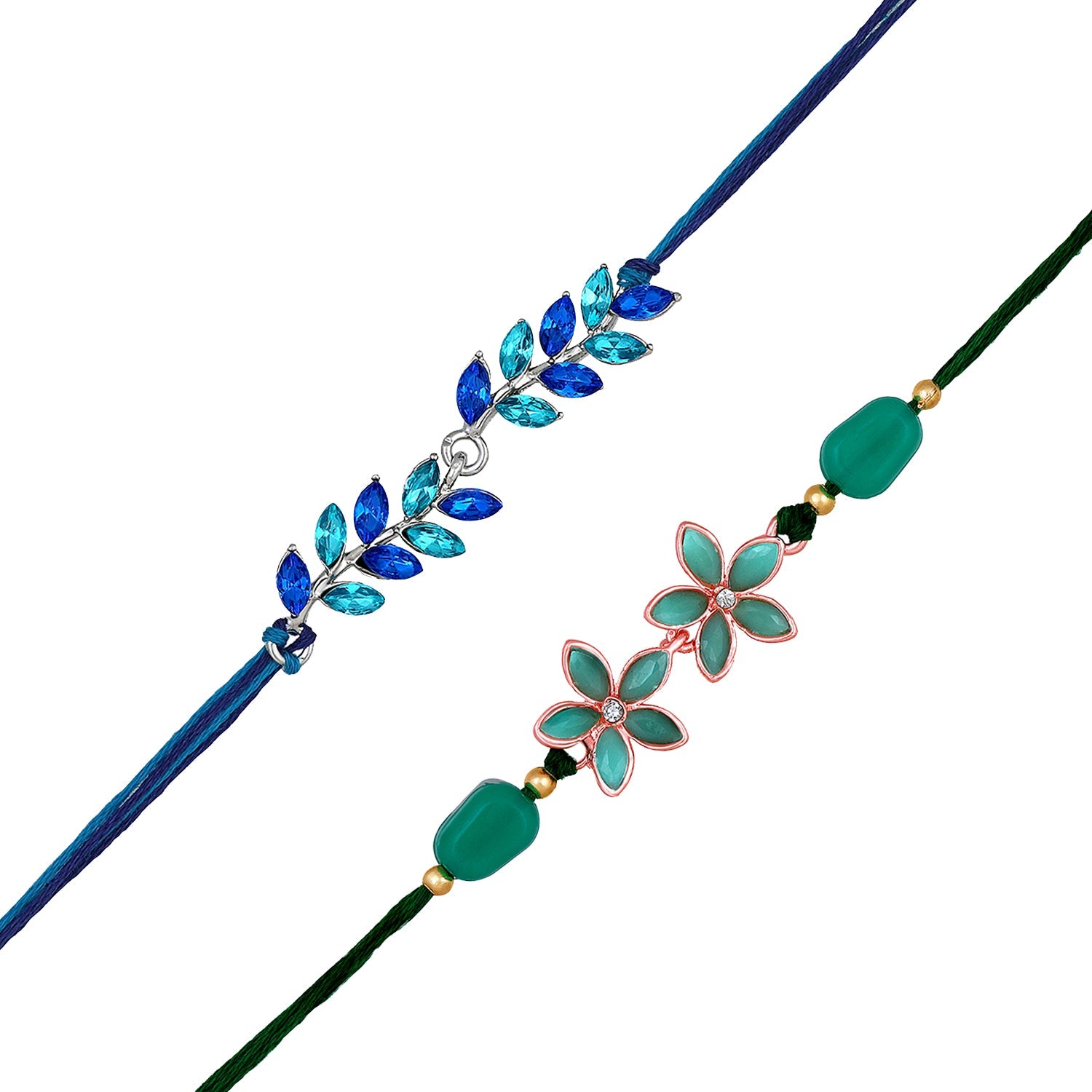Mahi Leafy and Floral Shaped Combo of 2 Rakhis for Bhai with Green and Blue Crystals (RCO1105528M)