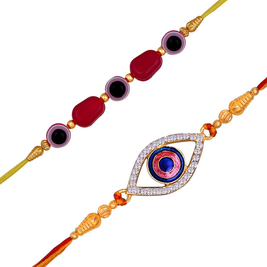 Mahi Combo of 2 Meenakari Work Evil Eye Nazariya Rakhis with Pink and White Crystals for Bhaiya (RCO1105529G)