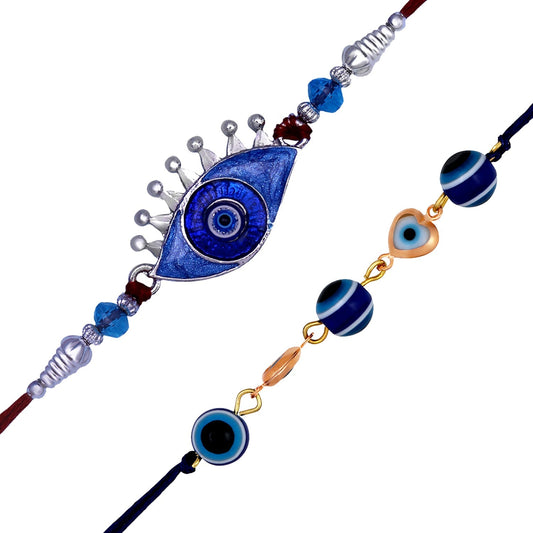 Mahi Combo of 2 Evil Eye Nazariya Rakhis with Blue Crystals and Meenakari Work Crystals for Bhaiya (RCO1105530M)