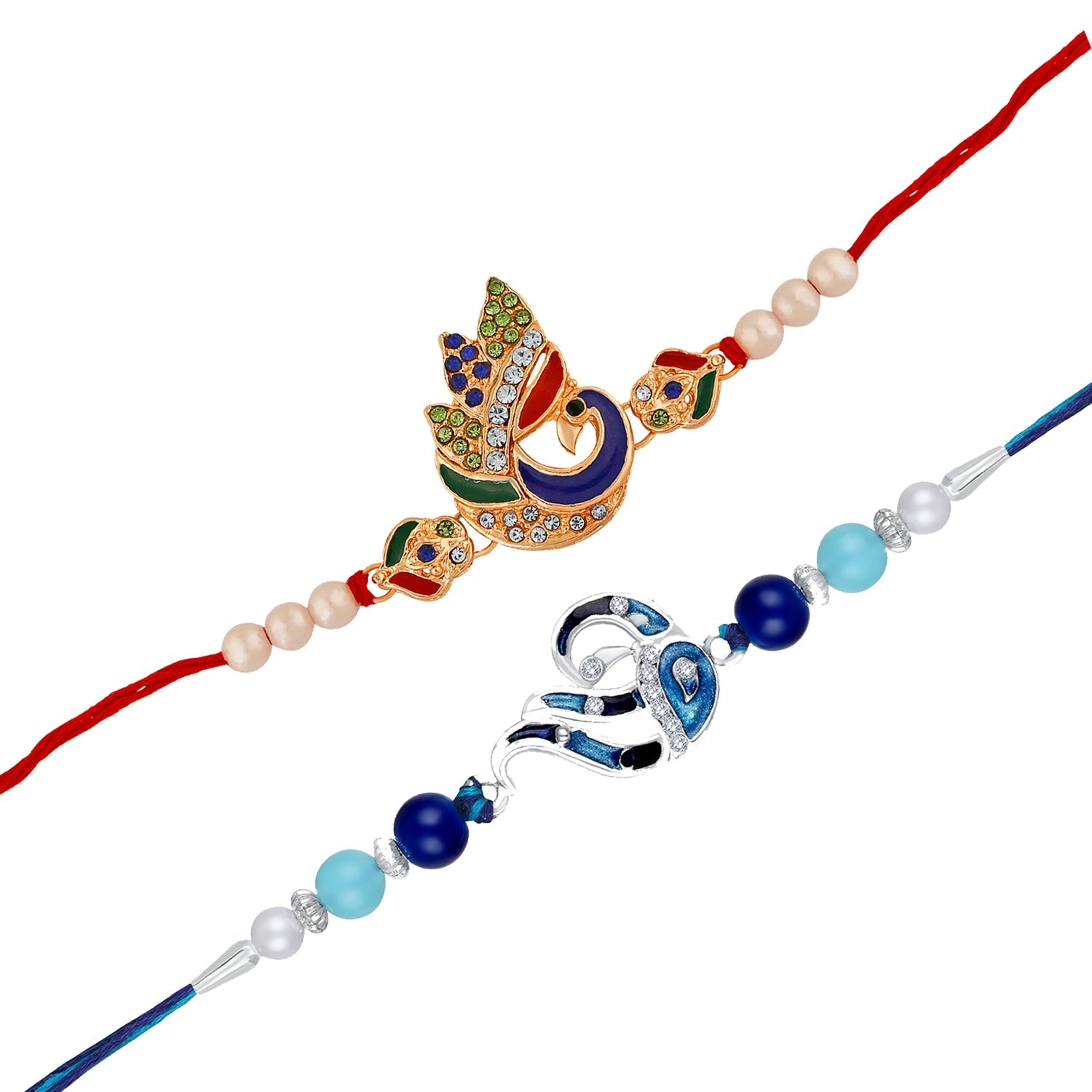 Mahi Combo of 2 Charming Peacock Shaped Rakhis with Meenakari Work and Crystals for Brothers (RCO1105532M)